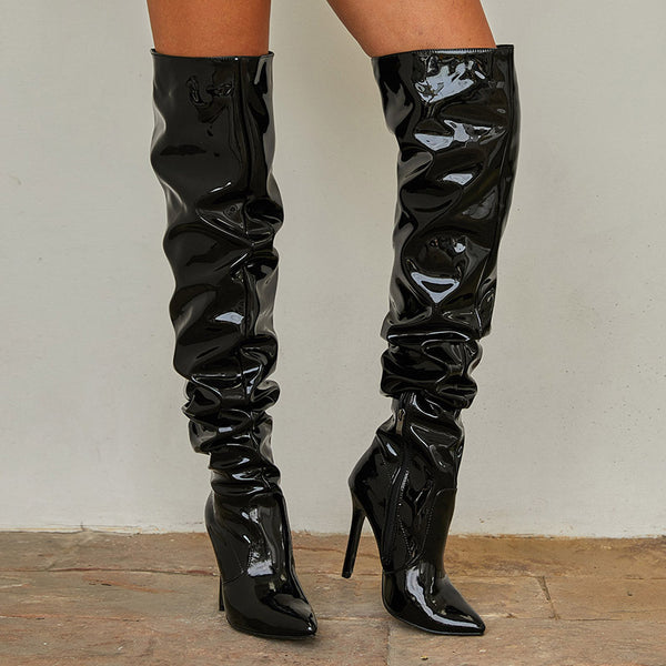 Pointed Patent Leather Thigh High Boots - Premiwear.com