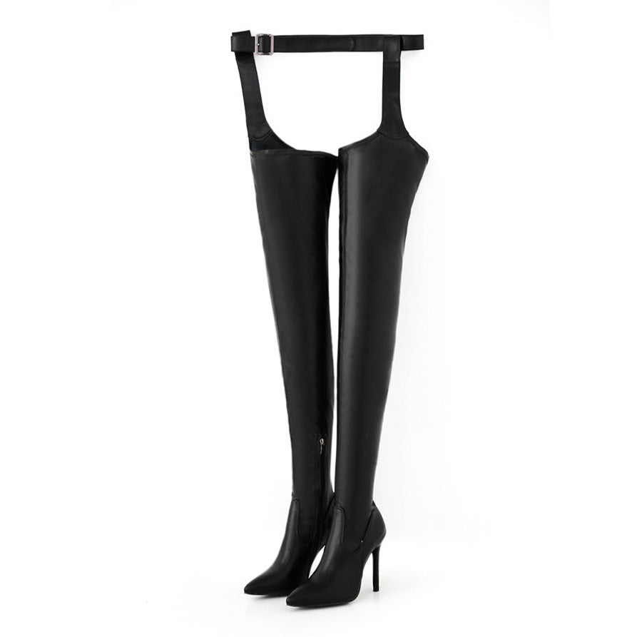 Azalea Wang Black Faux Leather Belted Thigh High Stiletto Chap Boot