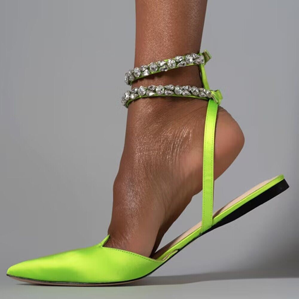 Pointed Toe Rhinestone Crystal Ankle Strap Flat Sandals - Premiwear.com