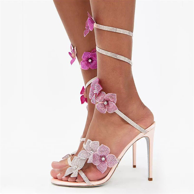Sexy Crystal Flower Ankle Loop Stiletto Sandals - Premiwear.com