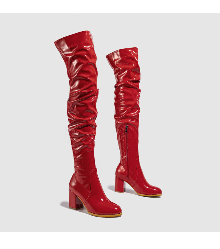 PU Chunky Heel Over the Knee Pleated Boots