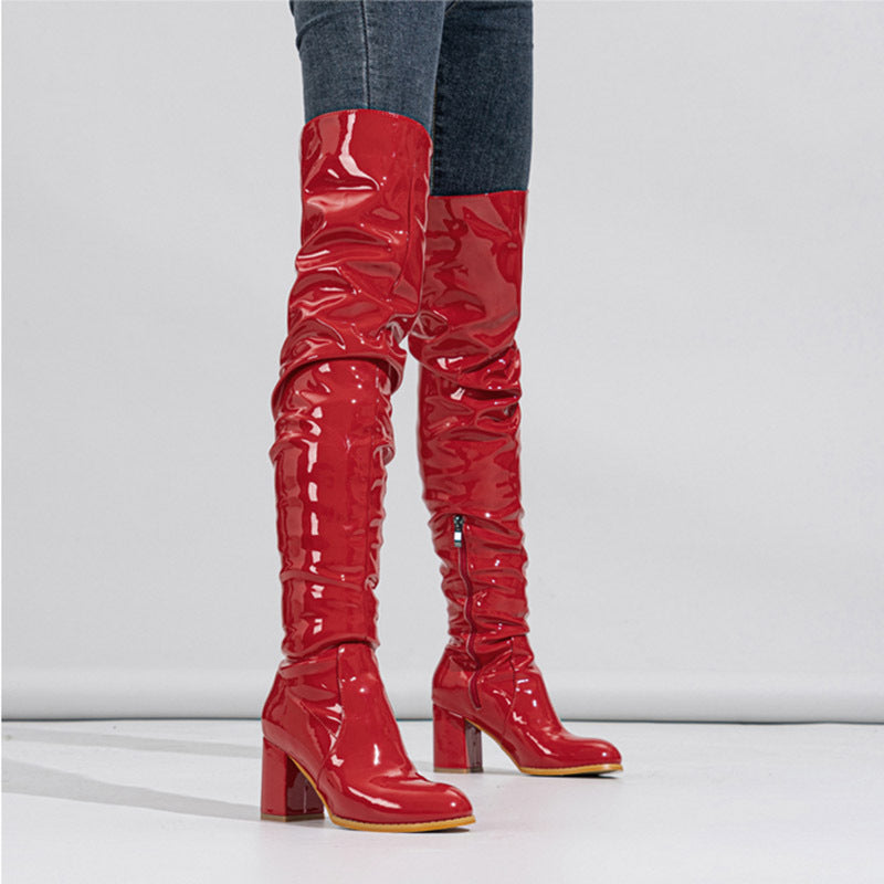 PU Chunky Heel Over the Knee Pleated Boots