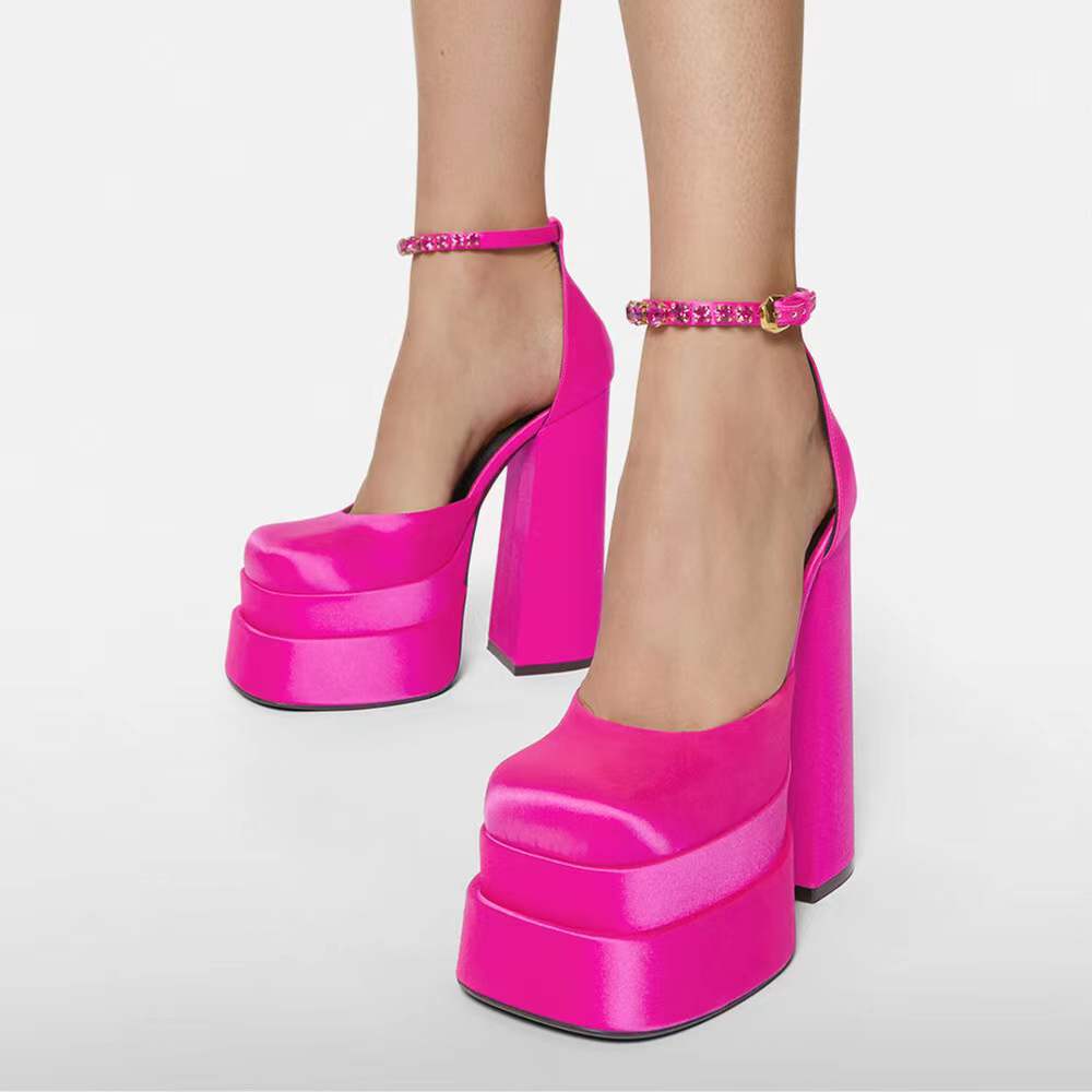 Silk Fabrics Chunky Heel Platform Sandals with Diamonds - Premiwear.com