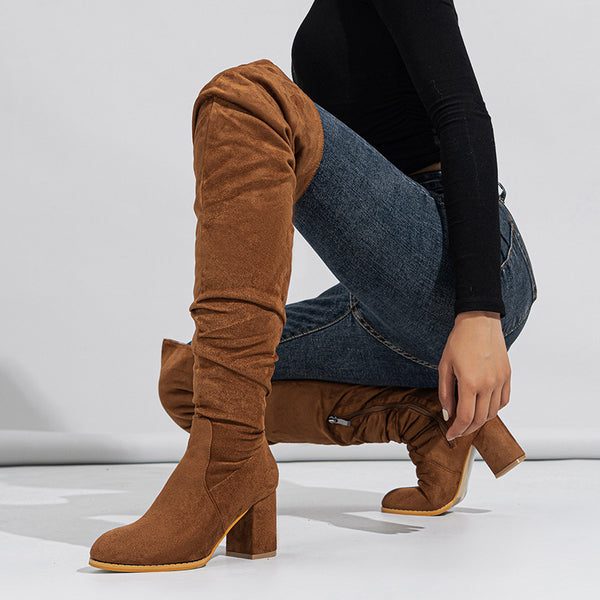 Suede Chunky Heel Over the Knee Pleated Boots - Premiwear.com