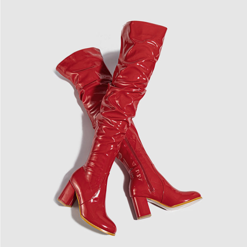 PU Chunky Heel Over the Knee Pleated Boots