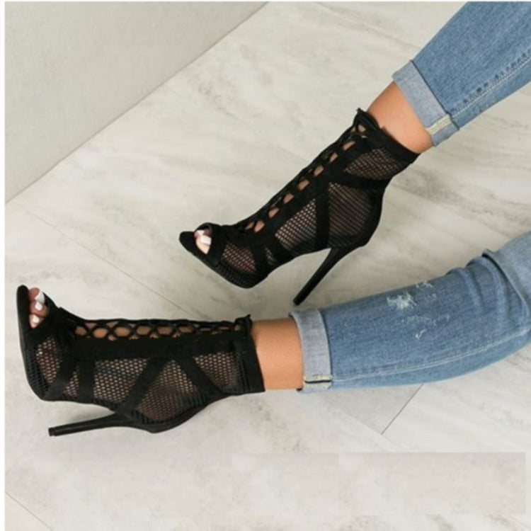 Black Mesh Suede Cross Strap High Heel Sandals - Premiwear.com