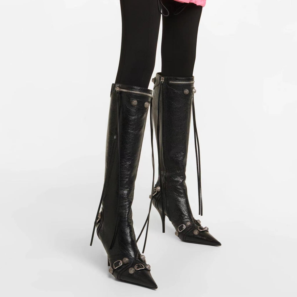Rivet Retro Metal Studded Tassel Knee High Boots - Premiwear.com