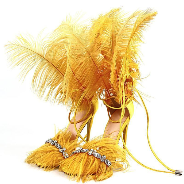 Fur High Heels with Feathers on Back - Premiwear