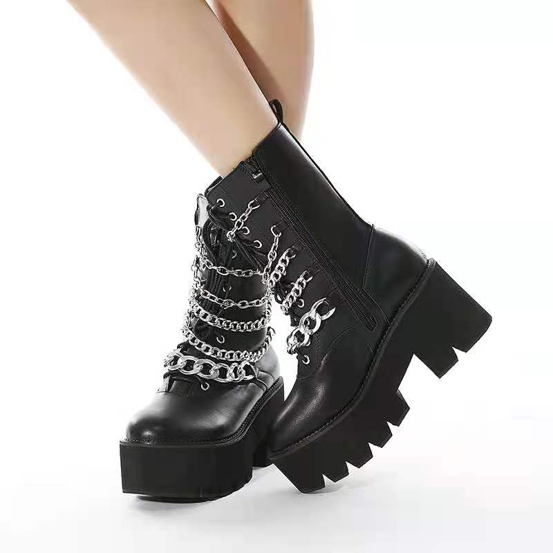 Lace-up Platform Martin Boots with Chains - Premiwear.com