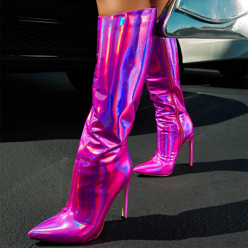 Candy Color Metallic Mirror Knee High Bright Boots - Premiwear.com