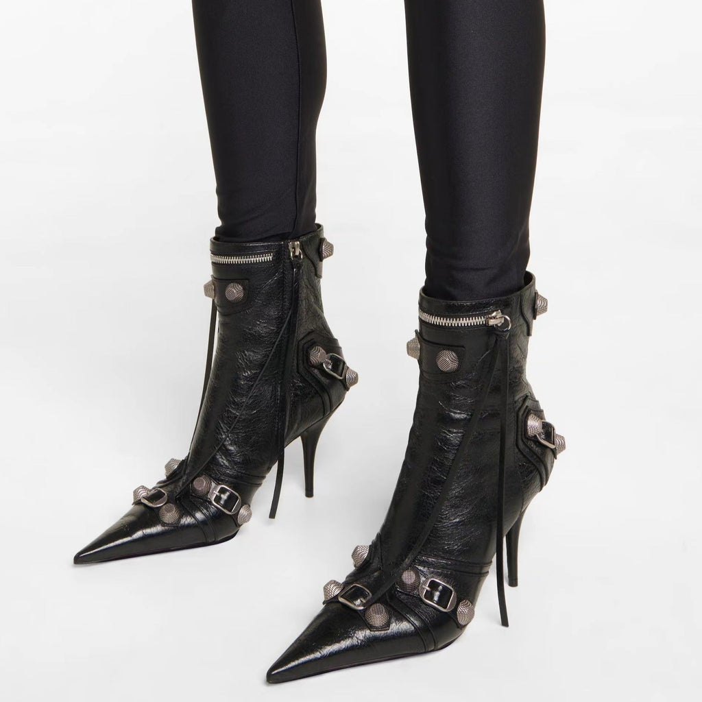 Point Toe Metal Studded Tassel Ankle Boots - Premiwear.com