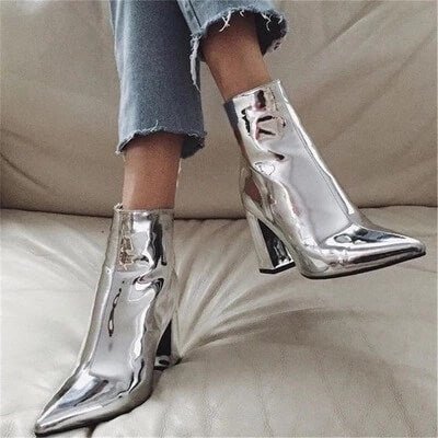 Patent Leather Chunky Heel Metallic Mirror Ankle Boots - Premiwear