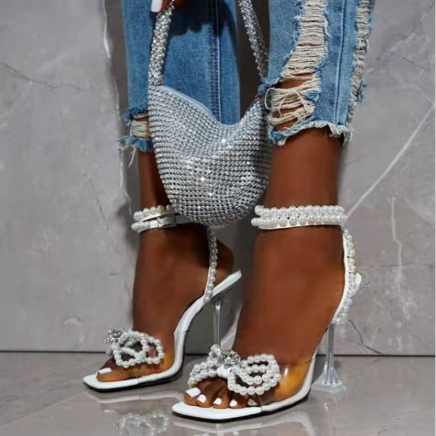 Pearl Diamond Bow Clear Stiletto Heels - Premiwear.com