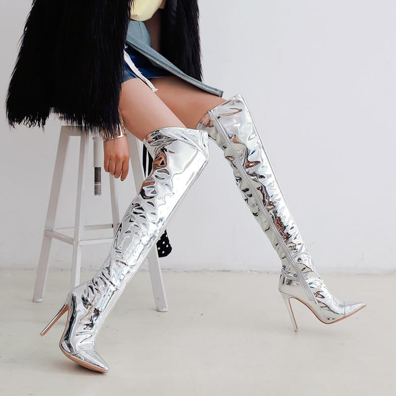 Silver Thin Heel Over The Knee Mirror Metallic Thigh High Boots - Premiwear