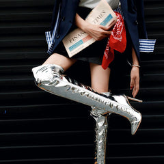 Silver Thin Heel Over The Knee Mirror Metallic Thigh High Boots - Premiwear