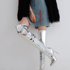 Silver Thin Heel Over The Knee Mirror Metallic Thigh High Boots - Premiwear