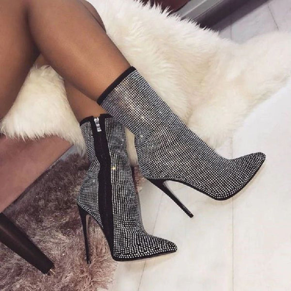 Rhinestones High Heel Ankle Boots - Premiwear