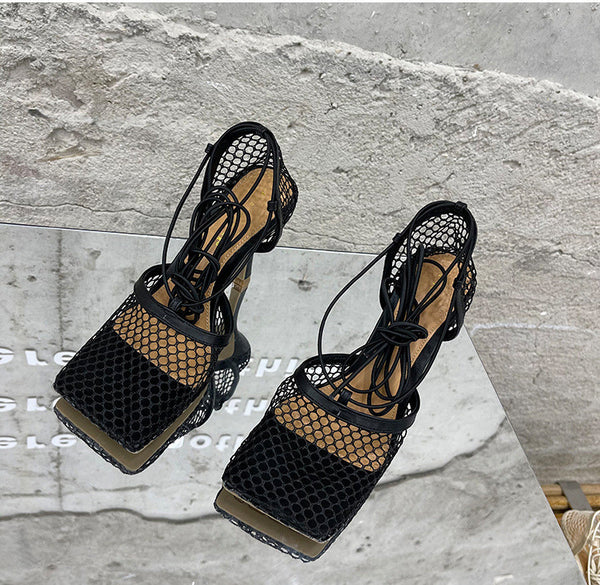 Sexy Lace Up Mesh High Heel Sandals - Premiwear.com